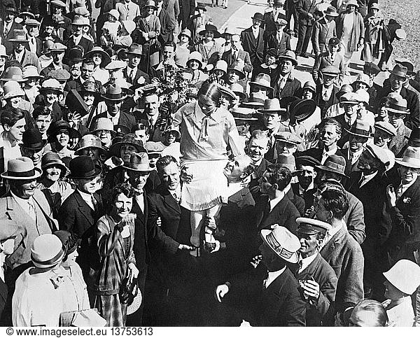 Dover  England: September 6. 1926 Mrs. Clemington (Amelia) Corson being carried on the shoulders of her supporters after becoming the second woman to successfully swim across the English Channel.
