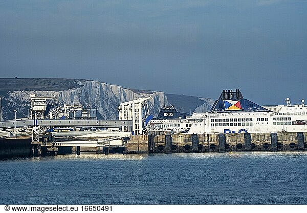 Dover  Kent  England  Cross channel ferries in the Kent coastal port of Dover with a backdrop of the famous white cliffs.