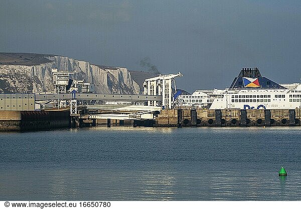 Dover  Kent  England  Cross channel ferries in the Kent coastal port of Dover with a backdrop of the famous white cliffs.
