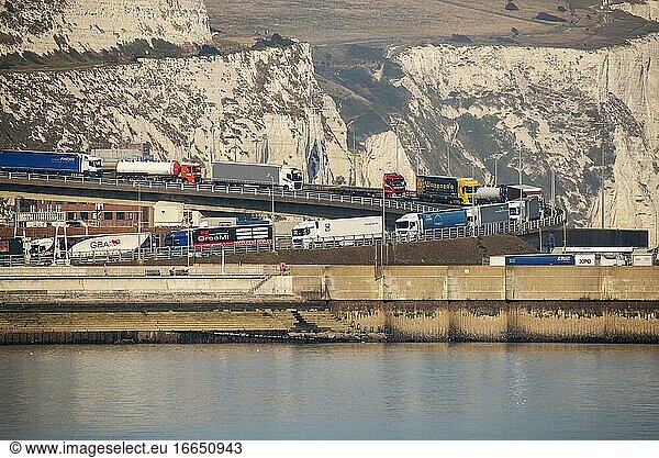 Dover  Kent  England  Trucks queue on the A2 highway to enter the Port of Dover and a cross channel ferry to France.
