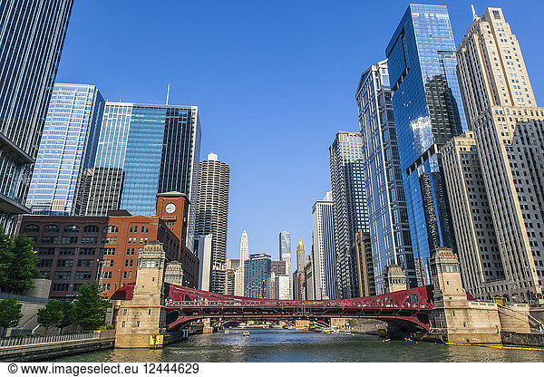 Downtown Chicago buildings as seen from Chicago River at LaSalle Street  Chicago  Illinois  United States of America