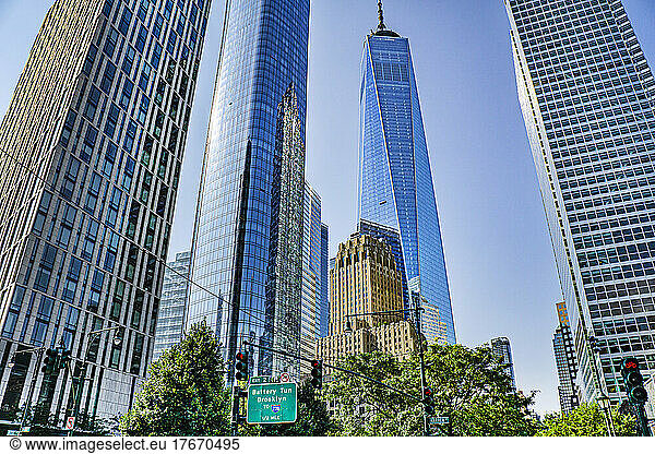 Downtown Skyline with One World Trade Center  Low Angle View  New York City  New York  USA