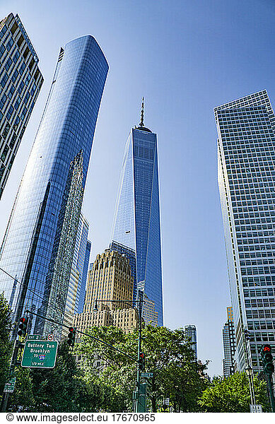 Downtown Skyline with One World Trade Center  Low Angle View  New York City  New York  USA