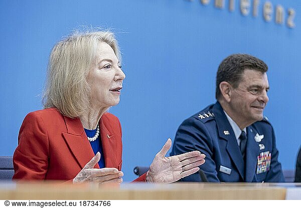 Dr Amy Gutmann  US Ambassador and Lieutenant General Michael A. Loh  Director US Air National Guard Air Defender  recorded at a federal press conference on the largest redeployment of air forces in NATO's history. Berlin  07.06.2023.  Berlin  Germany  Europe