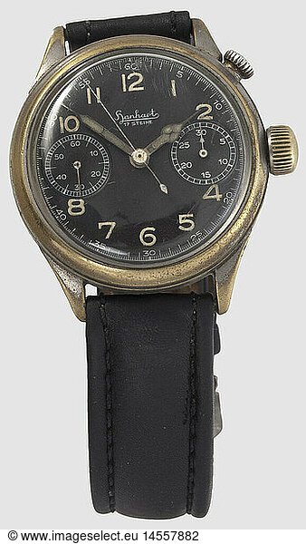 Dr. Fritz Felix Galland  a Hanhart flyer's chronograph 1st version of flyer's chronograph cal. 40 by Hanhart  factory-made without lunette. Nickeled brass housing  reverse nickel-plated brass cover labeled 'Wassergeschützt Stossfest' and factory number '109455'. Black dial with luminescent digits. Hand wound  operable works  the push button fixed in its position and therefore cannot be tested for functionality. The armband replaced later. Included is the book Messerschmitt ME 262 with a personal dedication by the authors Walter J. Boyne to general Galland and a print by Michael Turner with the original autographs of Adolf Galland  Gerhard Schöpfer and Fritz Losigkeit. Dr. Fritz Felix Galland was the older brother of the famous fighter pilot Adolf Galland  and likewise was a member of the Luftwaffe. Included are copies of inheritance and turnover documents documenting the history of the chronograph  historic  historical  1930s  1930s  20th century  Air Force  branch of service  branches of service  armed service  armed services  military  militaria  air forces  object  objects  stills  clipping  clippings  cut out  cut-out  cut-outs