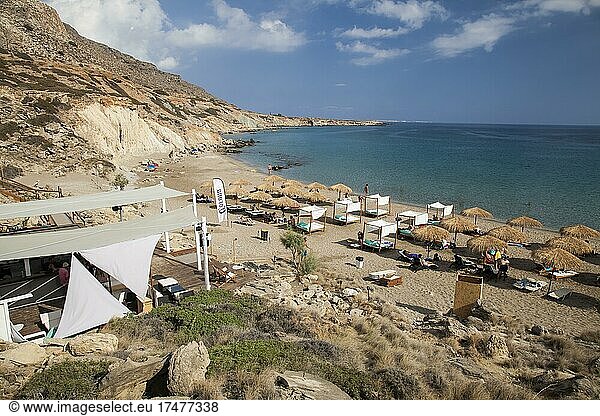 Drachen-Strand Südküste Kreta Griechenland Europa Promenade mit Restaurants am Strand von Myrtos Europa