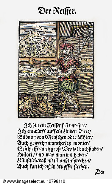 DRAFTSMAN  1568. A draftsman  designer of wood blocks and copper plates for printing. Woodcut  1568  by Jost Amman.