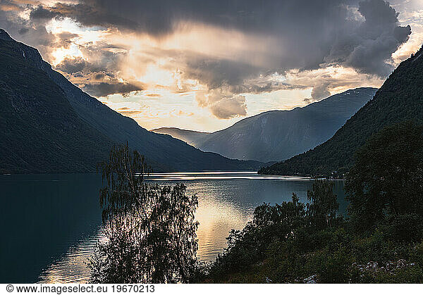 Dramatic sunset over the fjord in Norway  Scandinavia