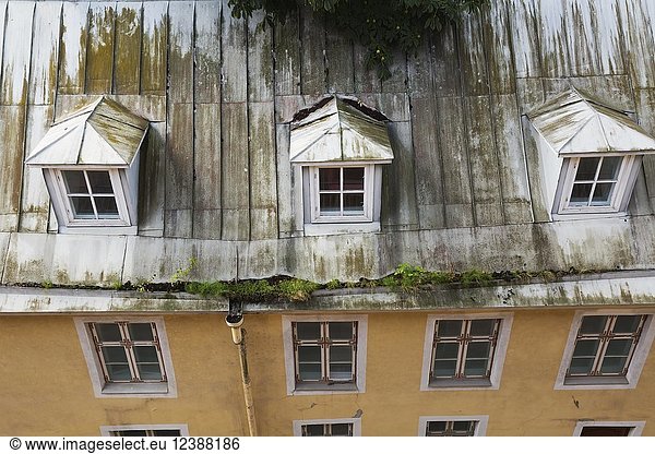 Draufsicht auf ein altes architektonisches Wohnhaus mit Stehfalz-Blechdach und Vegetation in der Dachrinne  Tallinn  Estland  Europa