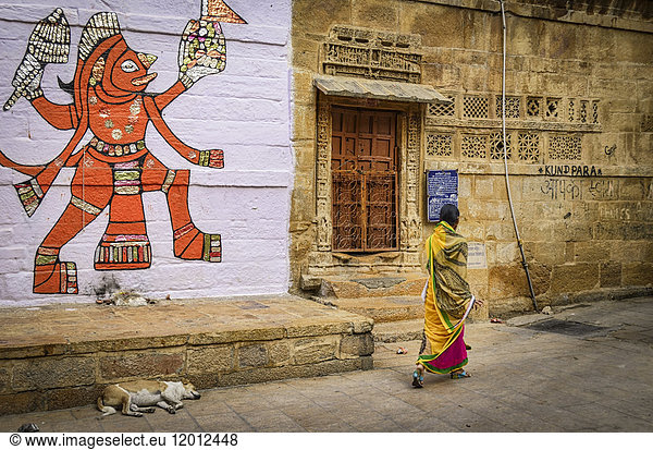 Drawing of Hindu deity on a wall  Hill Forts of Rajasthan in Jaisalmer  India.