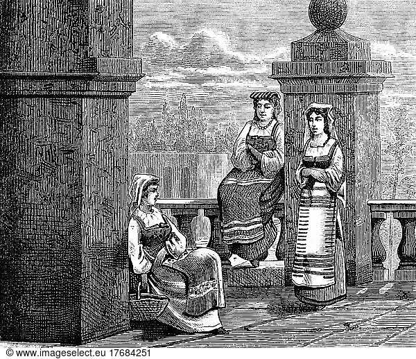 Drei Fraün in Rom  traditionelle Kleidung  im Freien  Schürze  Gebäude  Garten  Kopfbedeckung  Säulen  Porträt  historische Illustration 1881