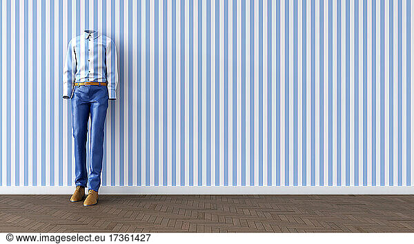 Dreidimensionale Darstellung einer unsichtbaren Person  die sich an eine blau gestreifte Wand lehnt