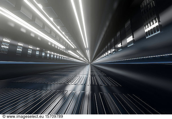 Dreidimensionale Wiedergabe eines hell erleuchteten Korridors einer Industrieanlage
