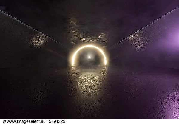Dreidimensionale Wiedergabe von Licht am Ende eines dunklen  geheimnisvollen Korridors
