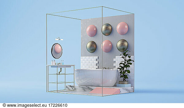 Dreidimensionaler Putz eines sauberen häuslichen Badezimmers mit transparenten Wänden