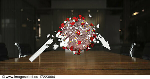 Dreidimensionales Rendering einer Coronavirus-Zelle  die einen Pfeil zerstört  der den Aktienmarkt darstellt