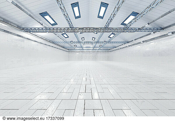 Dreidimensionales Rendering einer hellen  leeren Lagerhalle mit gefliestem Boden