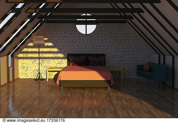 Dreidimensionales Rendering einer Loftwohnung mit Bett  Stehlampe und Sofa