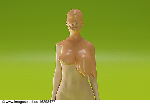 Dreidimensionales Rendering einer nackten Frau  die mit schleimigem Glibber bedeckt ist