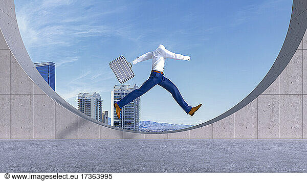 Dreidimensionales Rendering einer unsichtbaren Person  die mit einem Koffer in der Hand auf ein Hausdach springt