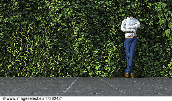 Dreidimensionales Rendering einer unsichtbaren Person  die sich an eine grüne  bewachsene Wand lehnt