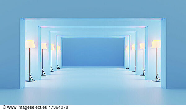 Dreidimensionales Rendering eines blauen Korridors  beleuchtet von Reihen von Stehlampen