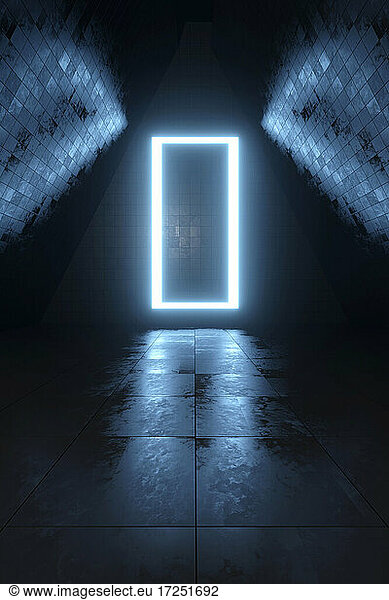 Dreidimensionales Rendering eines blauen rechteckigen Tores  das am Ende eines dunklen leeren Innenraums leuchtet