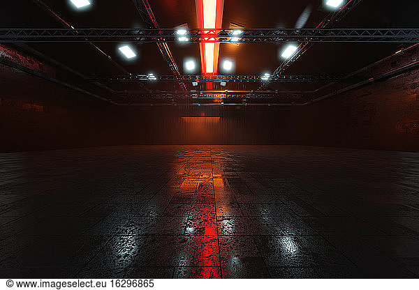 Dreidimensionales Rendering eines dunklen  leeren Lagerhauses