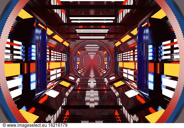 Dreidimensionales Rendering eines hell beleuchteten Raumschiffkorridors