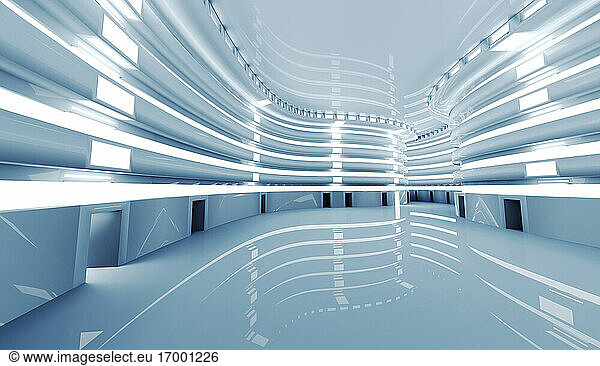 Dreidimensionales Rendering eines hell erleuchteten futuristischen Korridors