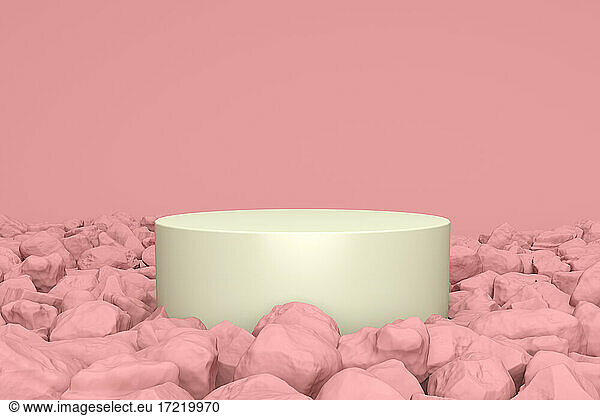 Dreidimensionales Rendering eines leeren Podiums  umgeben von rosa Felsen