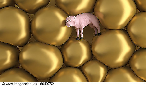 Dreidimensionales Rendering eines leeren  unterernährten Sparschweins  umgeben von Goldblasen