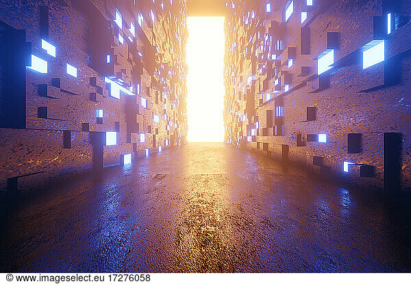 Dreidimensionales Rendering eines leuchtenden Portals am Ende eines futuristischen Korridors