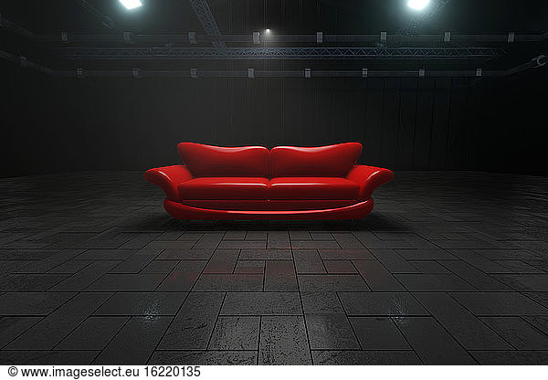 Dreidimensionales Rendering eines roten Ledersofas in einem dunklen  leeren Lagerhaus