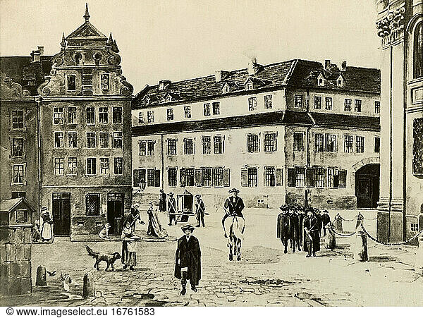 Dresden (Saxony) 
Kreuzschule (Schola Crucis) (first documented around 1300 as Latin school). Exterior view in the 18th century. Drawing.