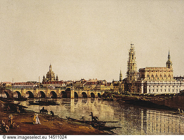 Dresden seen from the Right Banks of the river Elbe below the bridge Augustus  Painting by Bernardo Bellotto  Also known as Canaletto (1721-1780)  1748