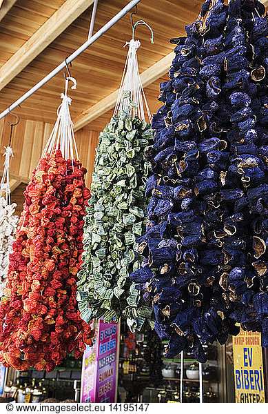Dried vegetables hanging outside a shop of the Bazaar  Gaziantep  Turkey  Europe