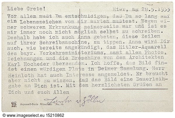 DRITTES REICH ZEITGESCHICHTE  Adolf Hitler - Aquarell KÃ¶niglich Bayerisches Verkehrsministerium Fein und detailliert ausgefÃ¼hrte Malerei auf strukturiertem Aquarellpapier  die Architektur gut erfasst  im Vordergrund die kopfsteingepflasterte ArnulfstraÃŸe in der NÃ¤he des Hauptbahnhofes  links unten betitelt 'MÃ¼nchen. K.B. Verkehrsministerium'  rechts unten signiert 'A. Hitler'. BildmaÃŸe 16 3 x 23 cm. Unter Glas  in Passepartout und altem profiliertem Holzrahmen  GesamtmaÃŸe 43 x 53 cm. Provenienz: Geheimrats- und Oberstaatsanwaltswitwe Magdalena von ZÃ¶ller  vormals Prinz-Ludwig-Str. 16/23 MÃ¼nchen  dann Jacob Klarstr. 4/II MÃ¼nchen  mit Testament vom 8. Juli 1938 vererbt an ihre Nichte Dr. Margarete Immermann  WagmÃ¼llerstr. 12  MÃ¼nchen zusammen mit einem Petschaft von KÃ¶nig Ludwig II. (s. Katalog Historische und MilitÃ¤rische SammlungsstÃ¼cke  Los-Nr. T80741) und viertausend Reichsmark. Dazu eine Abschrift des Testamentes mit Ãœbersendungsumschlag des Amtsgerichtes MÃ¼nchen vom 25.10.1940  eine Postkarte mit Abbildung des K.B. Verkehrsministeriums und maschinegeschriebenem Text von Magdalena von ZÃ¶ller  eigh. sign. 'Tante v. ZÃ¶ller' an ihre Nichte Grete  dat. 28.5.1933  in der sie ihr das Aquarell Hitlers schenkt  ein Trauerbriefumschlag Magdalena v. ZÃ¶ller an Margarete Immermann und Schrift 'Der Neubau des K.B.Verkehrsministeriums in MÃ¼nchen' von Carl Hocheder  1916 mit Exlibris M. Immermann. Carl Hocheder (1854 - 1917)  Architekt und Stadtplaner in MÃ¼nchen  der das Bild MÃ¼nchens um die Jahrhundertwende maÃŸgeblich prÃ¤gte. Hervorragend dokumentiertes Aquarell Hitlers aus der MÃ¼nchner Zeit 1913/14.