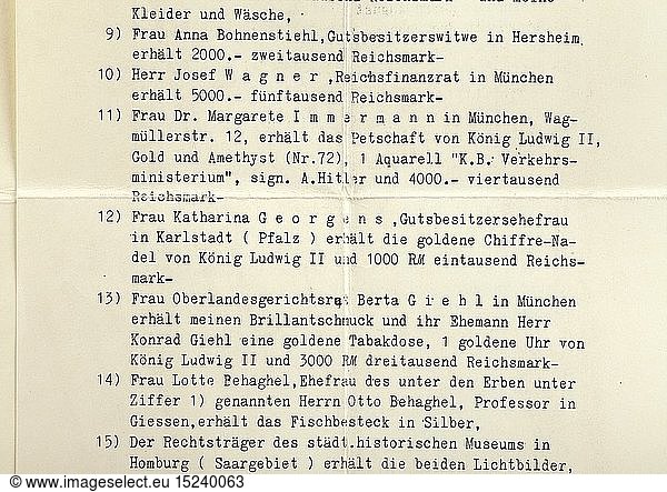 DRITTES REICH ZEITGESCHICHTE  Adolf Hitler - Aquarell KÃ¶niglich Bayerisches Verkehrsministerium Fein und detailliert ausgefÃ¼hrte Malerei auf strukturiertem Aquarellpapier  die Architektur gut erfasst  im Vordergrund die kopfsteingepflasterte ArnulfstraÃŸe in der NÃ¤he des Hauptbahnhofes  links unten betitelt 'MÃ¼nchen. K.B. Verkehrsministerium'  rechts unten signiert 'A. Hitler'. BildmaÃŸe 16 3 x 23 cm. Unter Glas  in Passepartout und altem profiliertem Holzrahmen  GesamtmaÃŸe 43 x 53 cm. Provenienz: Geheimrats- und Oberstaatsanwaltswitwe Magdalena von ZÃ¶ller  vormals Prinz-Ludwig-Str. 16/23 MÃ¼nchen  dann Jacob Klarstr. 4/II MÃ¼nchen  mit Testament vom 8. Juli 1938 vererbt an ihre Nichte Dr. Margarete Immermann  WagmÃ¼llerstr. 12  MÃ¼nchen zusammen mit einem Petschaft von KÃ¶nig Ludwig II. (s. Katalog Historische und MilitÃ¤rische SammlungsstÃ¼cke  Los-Nr. T80741) und viertausend Reichsmark. Dazu eine Abschrift des Testamentes mit Ãœbersendungsumschlag des Amtsgerichtes MÃ¼nchen vom 25.10.1940  eine Postkarte mit Abbildung des K.B. Verkehrsministeriums und maschinegeschriebenem Text von Magdalena von ZÃ¶ller  eigh. sign. 'Tante v. ZÃ¶ller' an ihre Nichte Grete  dat. 28.5.1933  in der sie ihr das Aquarell Hitlers schenkt  ein Trauerbriefumschlag Magdalena v. ZÃ¶ller an Margarete Immermann und Schrift 'Der Neubau des K.B.Verkehrsministeriums in MÃ¼nchen' von Carl Hocheder  1916 mit Exlibris M. Immermann. Carl Hocheder (1854 - 1917)  Architekt und Stadtplaner in MÃ¼nchen  der das Bild MÃ¼nchens um die Jahrhundertwende maÃŸgeblich prÃ¤gte. Hervorragend dokumentiertes Aquarell Hitlers aus der MÃ¼nchner Zeit 1913/14.