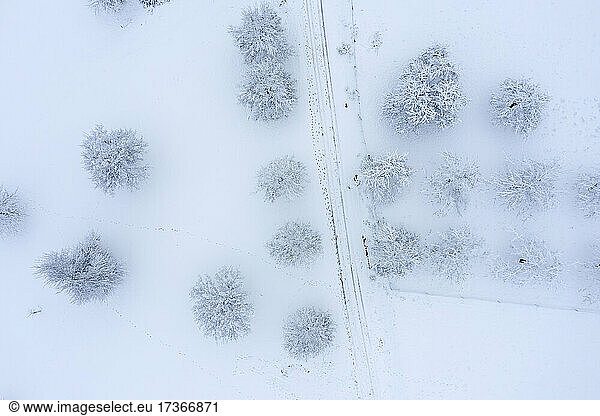 Drohnenansicht einer schneebedeckten Landschaft