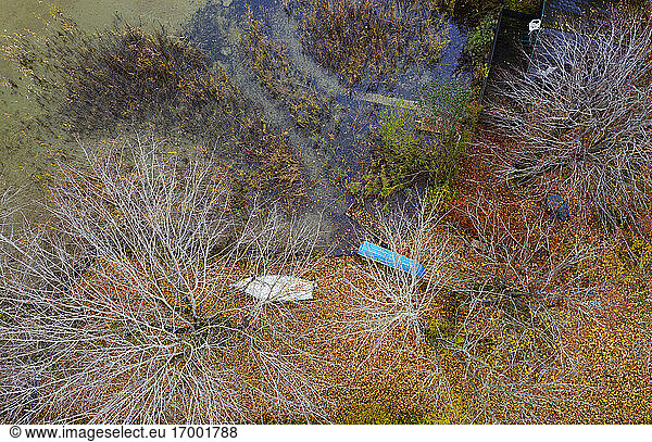 Drohnenansicht von Booten  die im Herbst am Seeufer liegen