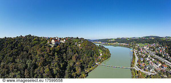 Drone panorama of river Inn separating Germany and Austria