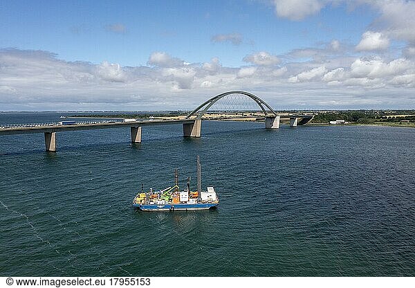 Drone photo  drone shot  Fehmarnsund bridge over the Baltic Sea  truck and car traffic  drill ship  working ship to inspect the tunnel  Fehmarn island  Schleswig-Holstein  Germany  Europe