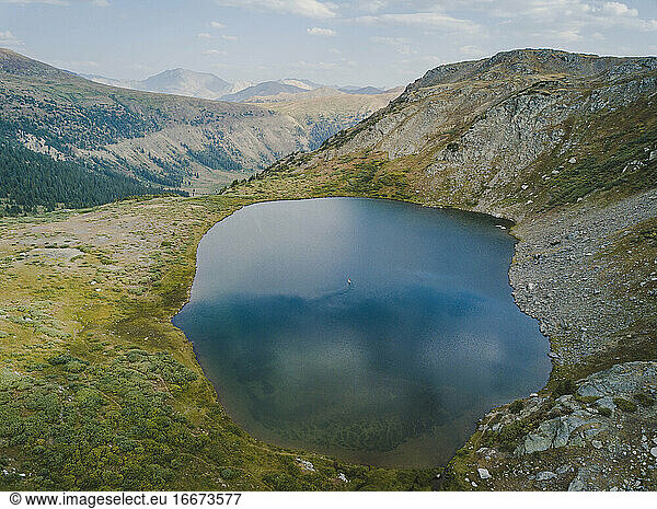 Drone shot of lake on mountain