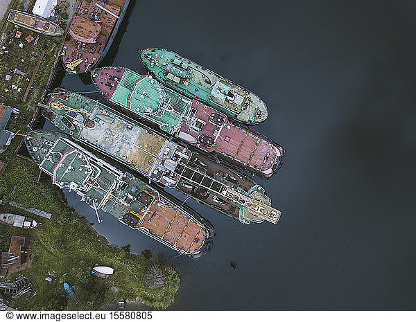 Drone shot of ships in Ladoga canal at shipyard  Shlisselburg  Russia