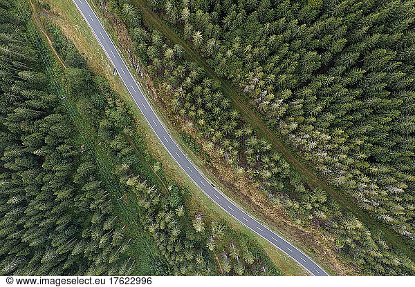 Drone view of asphalt road in Black Forest range