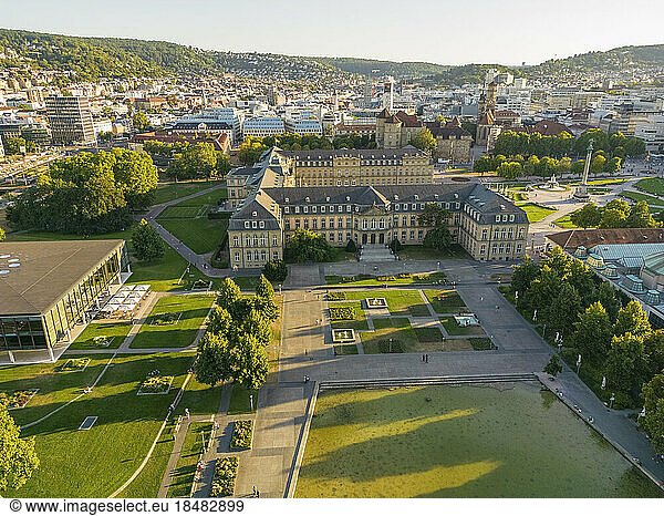 Drone view of New Palace with Eckensee Lake on sunny day  Stuttgart  Germany