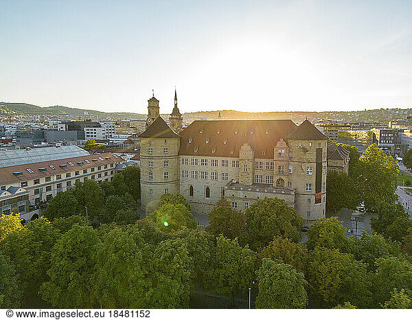 Drone view of old Castle at sunset  Stuttgart  Germany
