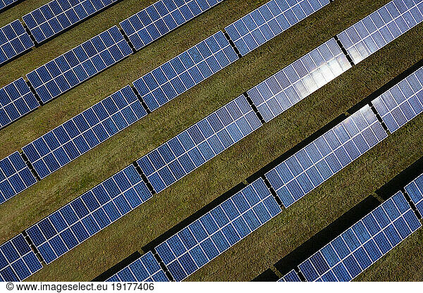 Drone view of panels of solar power station