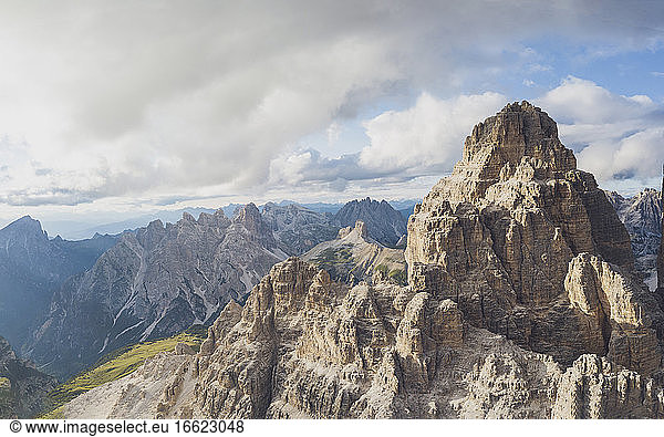 Drone view of rocky mountain peaks against sky  Sesto Dolomites  Dolomites  Alto Adige  Italy